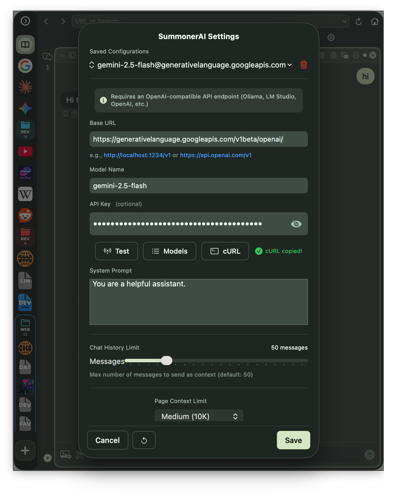 AI Settings configuration panel