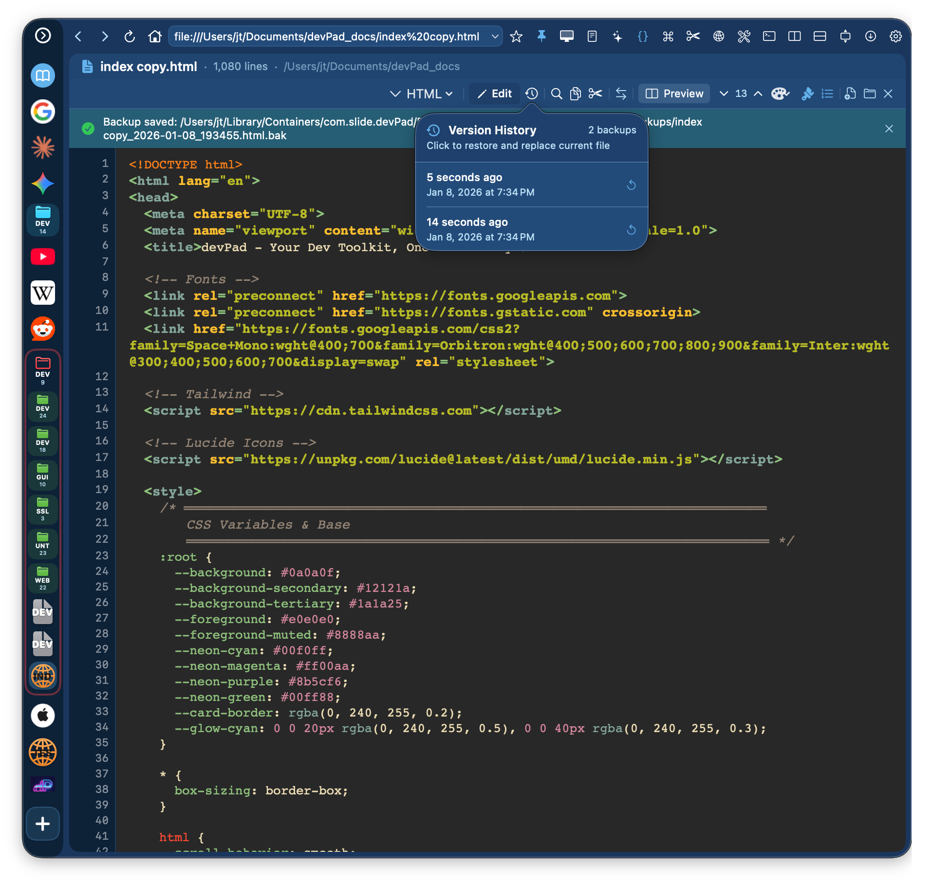 Version history popover showing backups