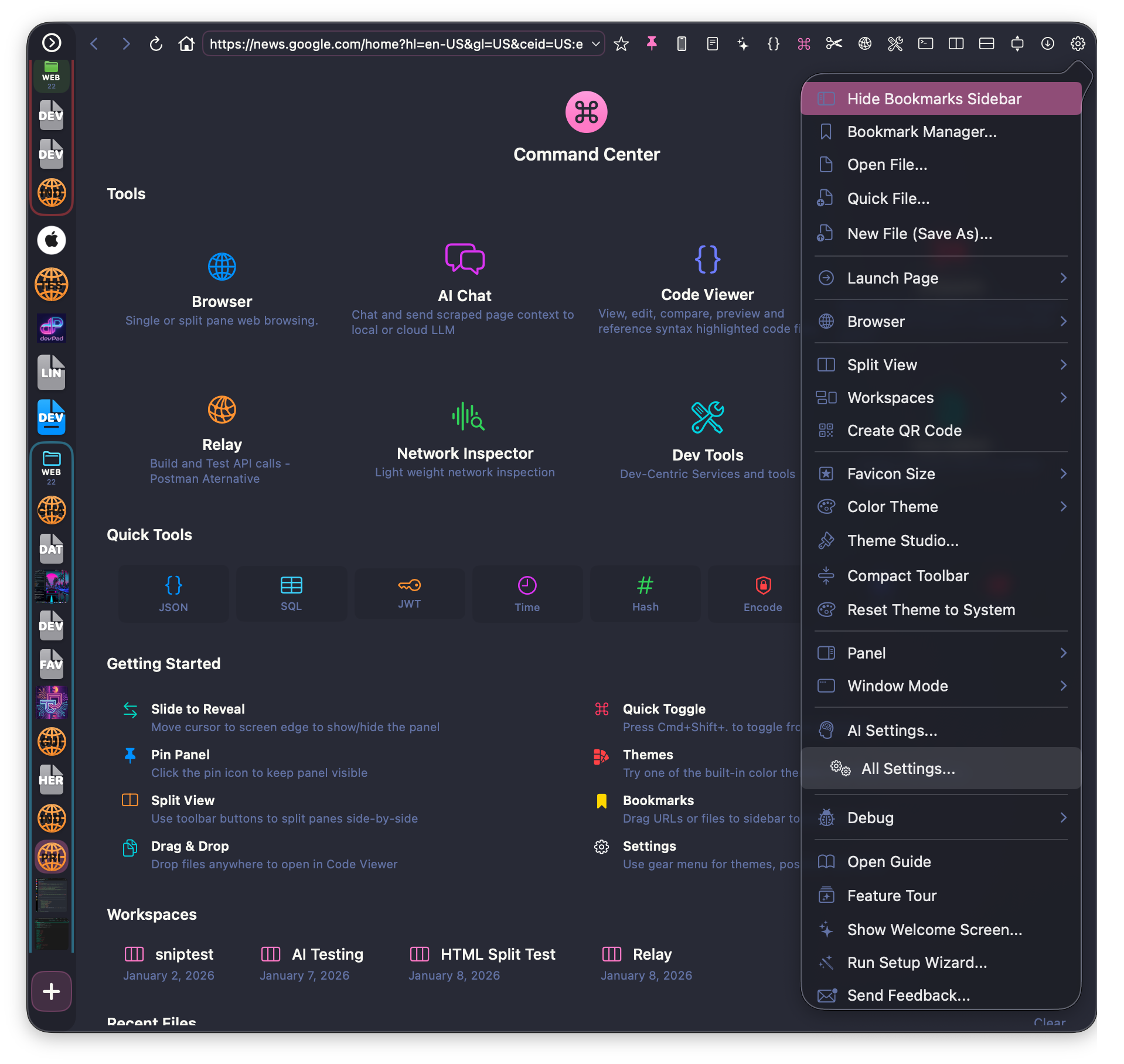 Gear menu dropdown with settings