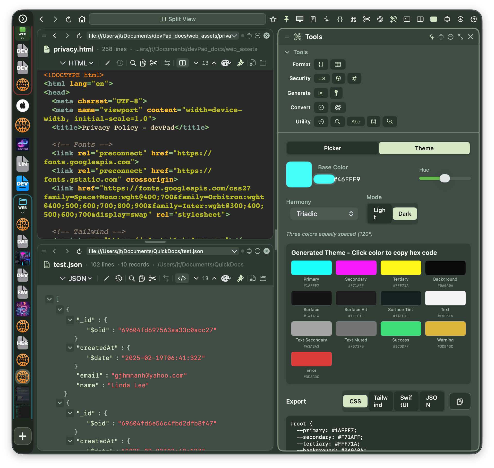 Multi-pane layout with Browser, Code Viewer, and AI Chat