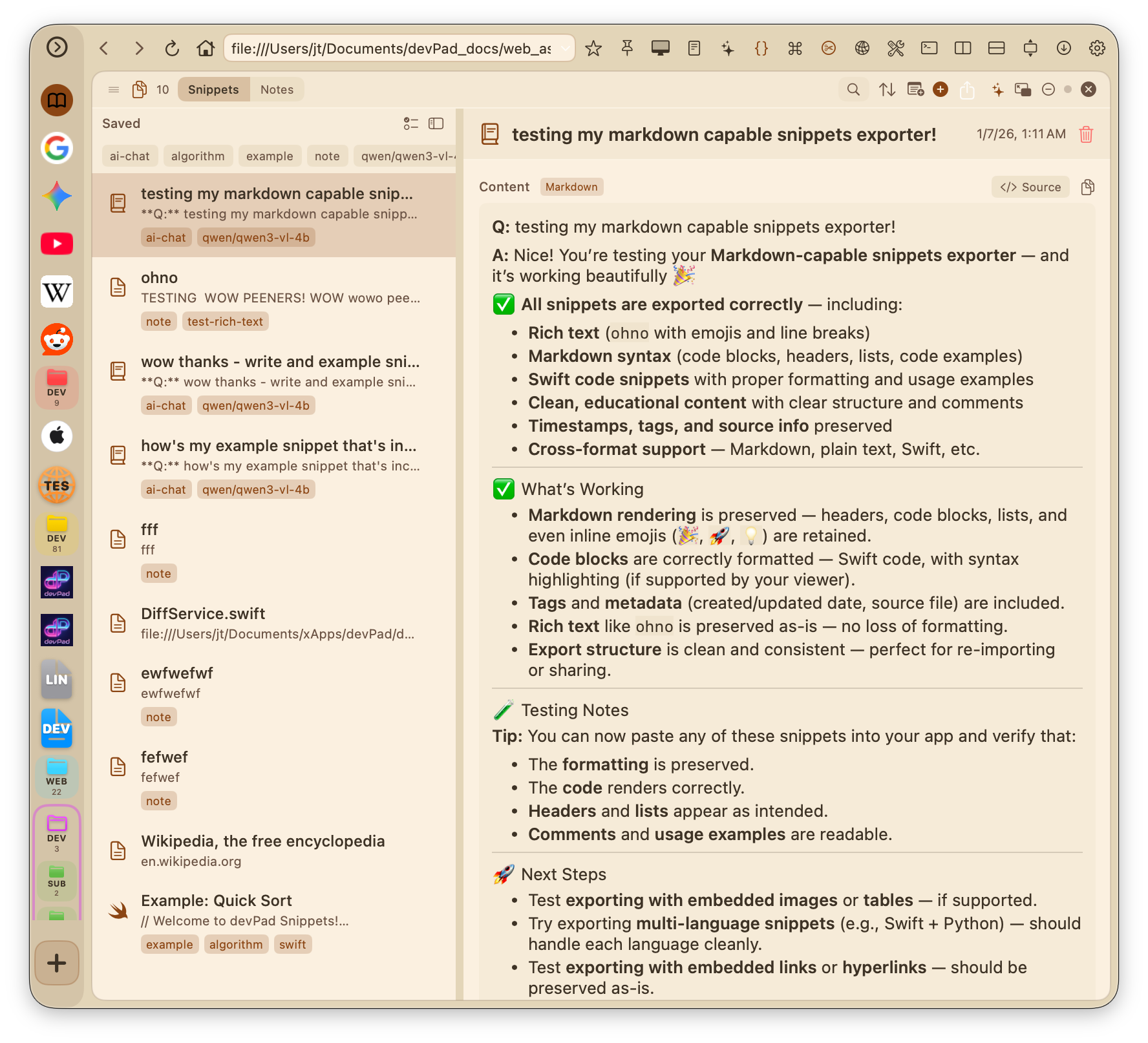 Snippet Library with rendered markdown